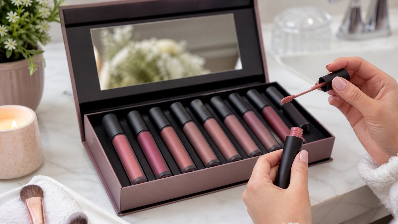 Doe-foot matte liquid lipstick applicator on a clean vanity