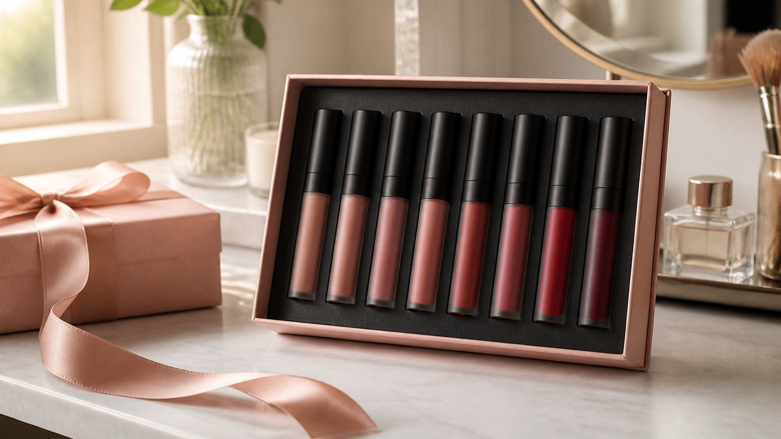 Gift-ready boxed matte liquid lipstick set on a dressing table