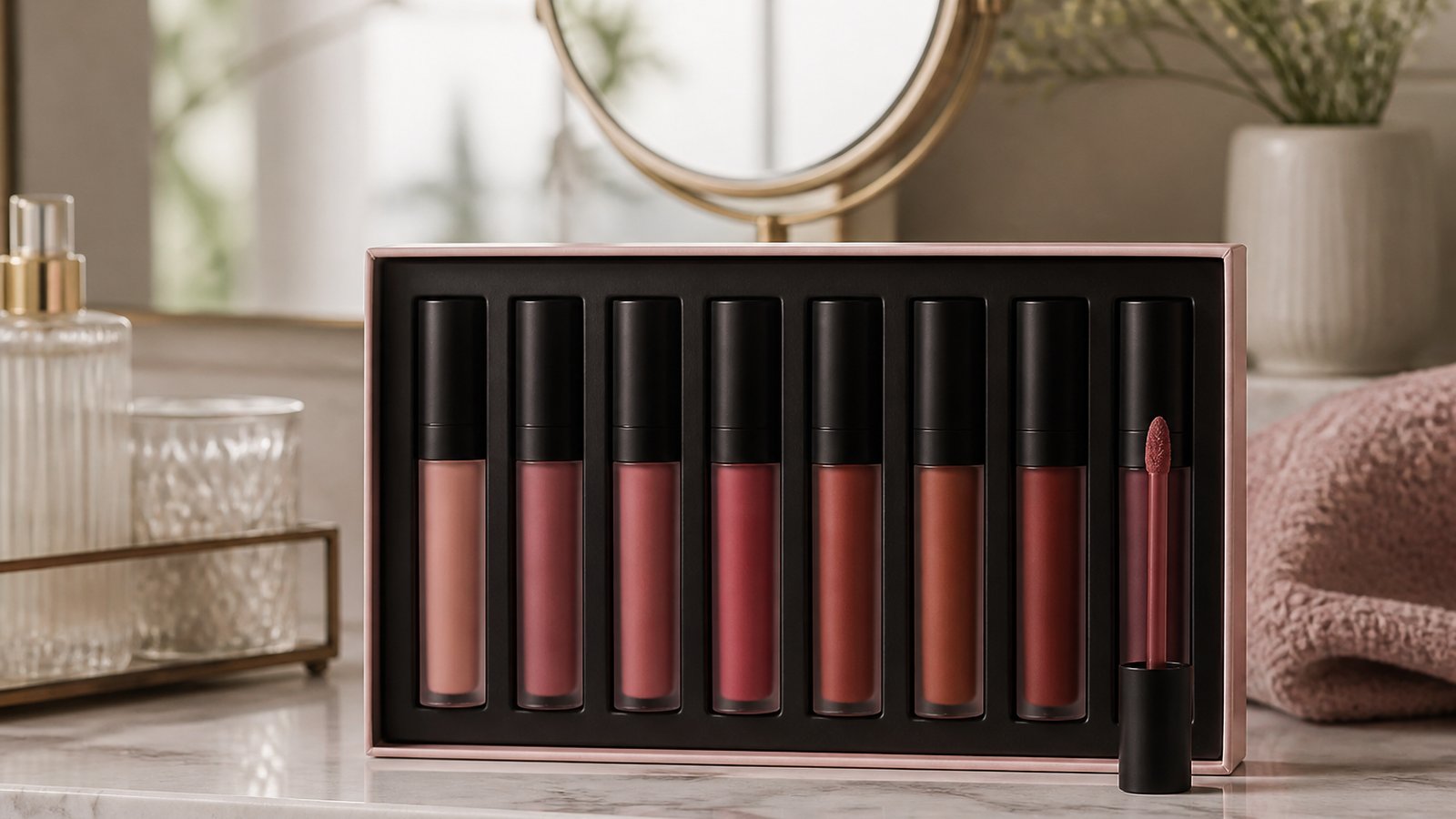 Eight-piece matte liquid lipstick set on a UK vanity