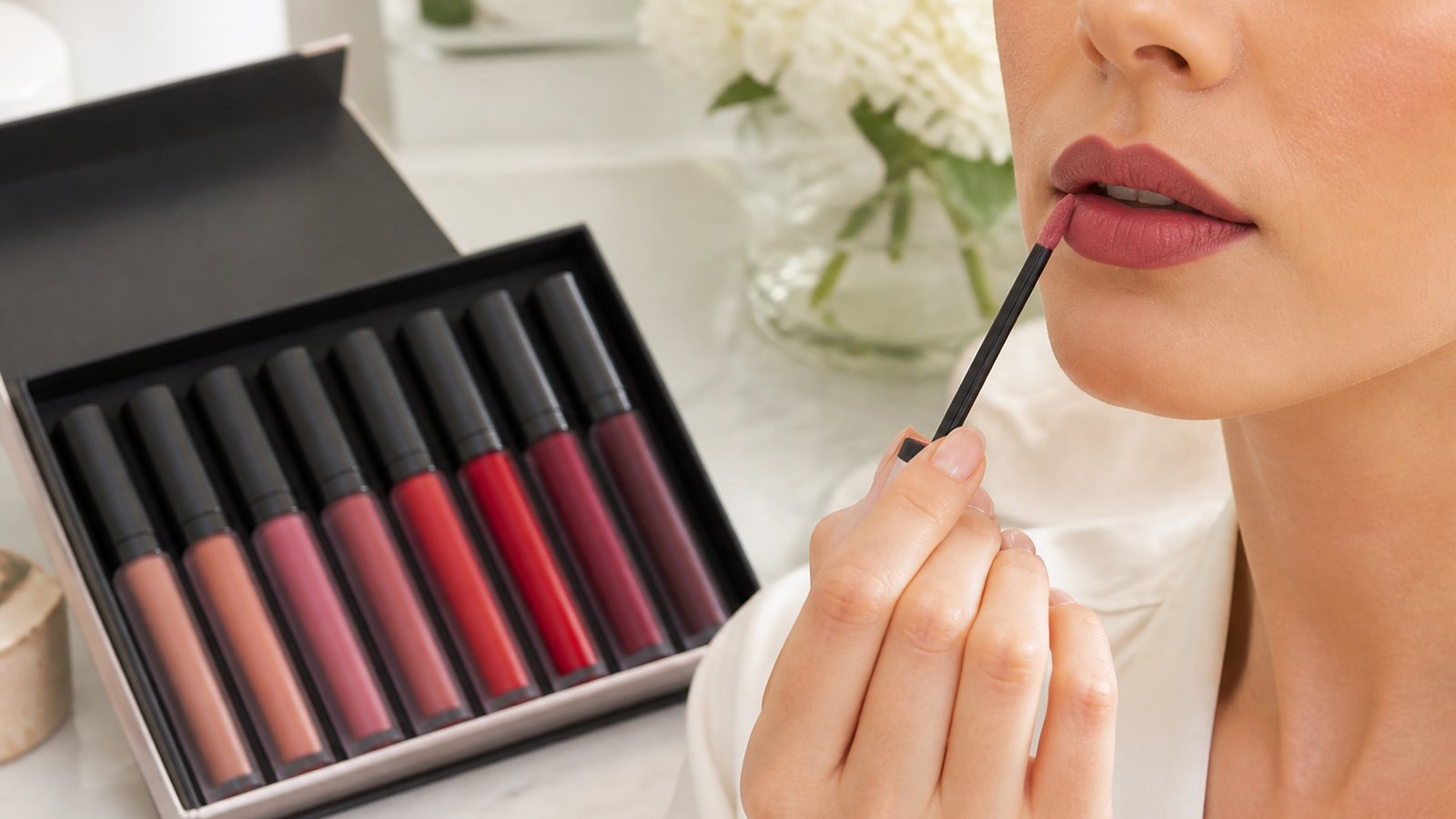 Eight-piece matte liquid lipstick set on a UK vanity