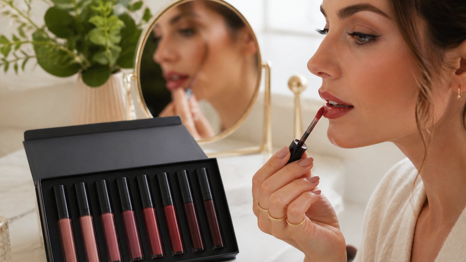 Eight-piece matte liquid lipstick set on a UK vanity