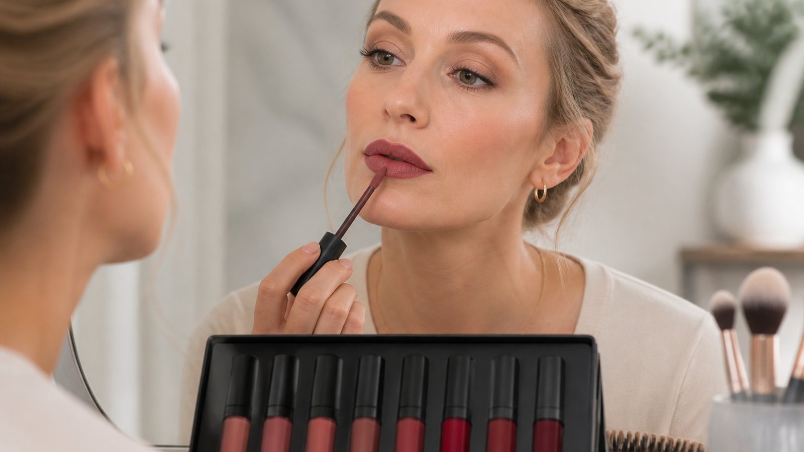 Eight-piece matte liquid lipstick set on a UK vanity