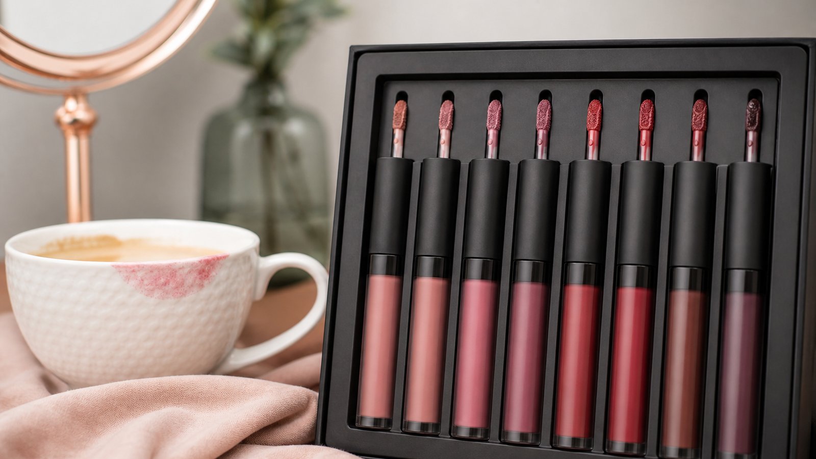Eight-piece matte liquid lipstick set on a UK vanity