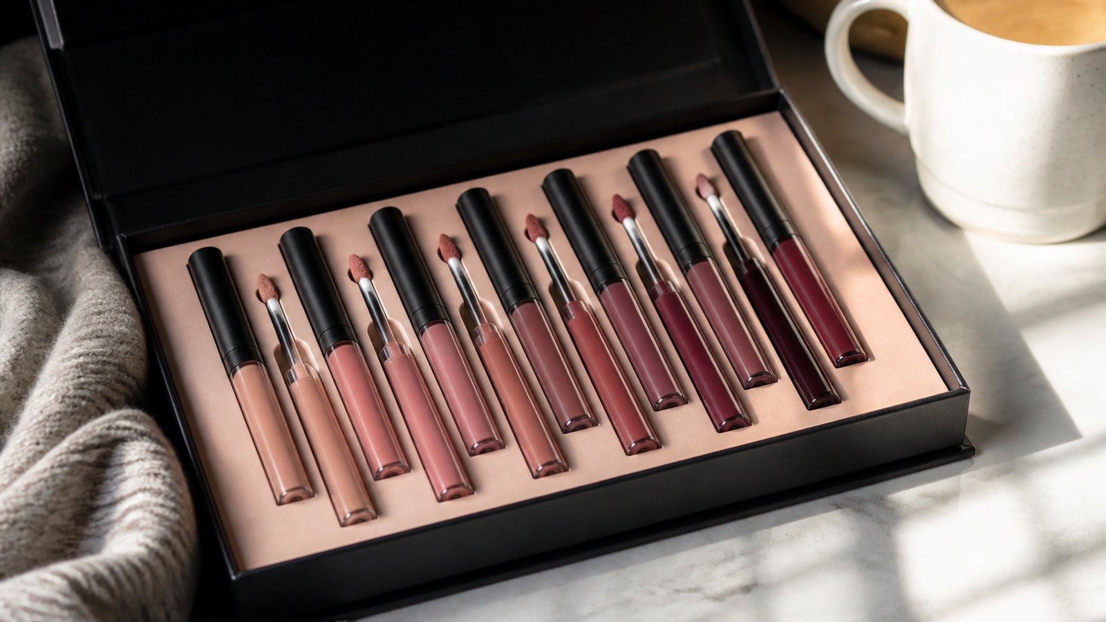 Eight-piece matte liquid lipstick set on a UK vanity