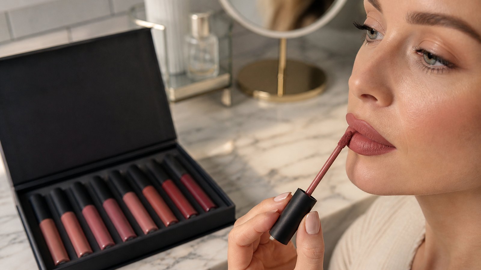 Doe-foot matte liquid lipstick applicator on a clean vanity