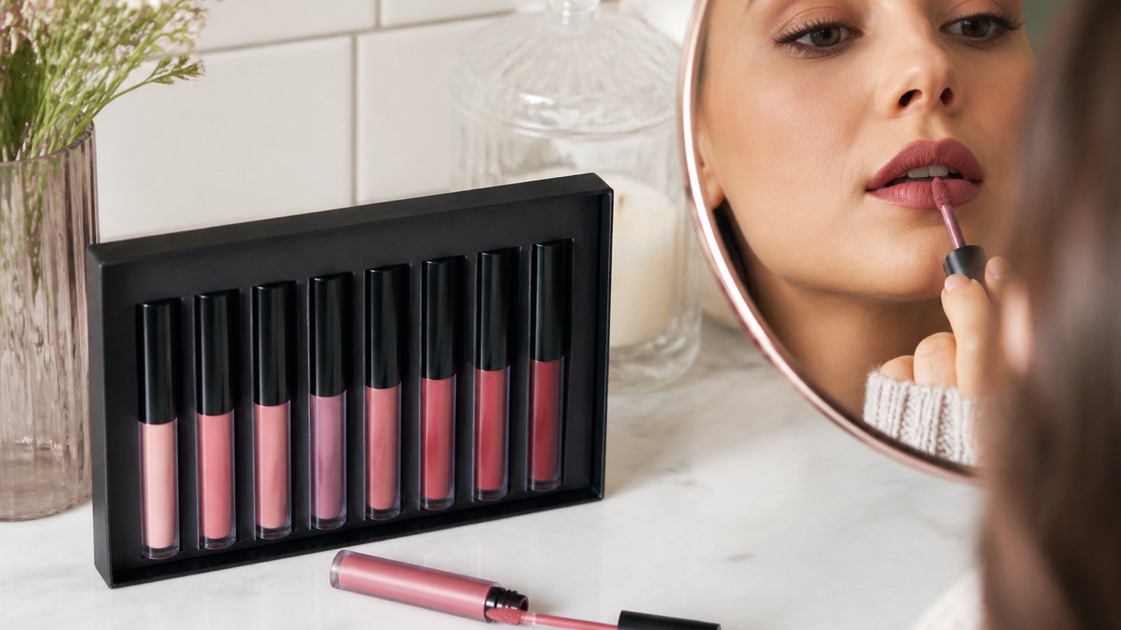 Eight-piece matte liquid lipstick set on a UK vanity