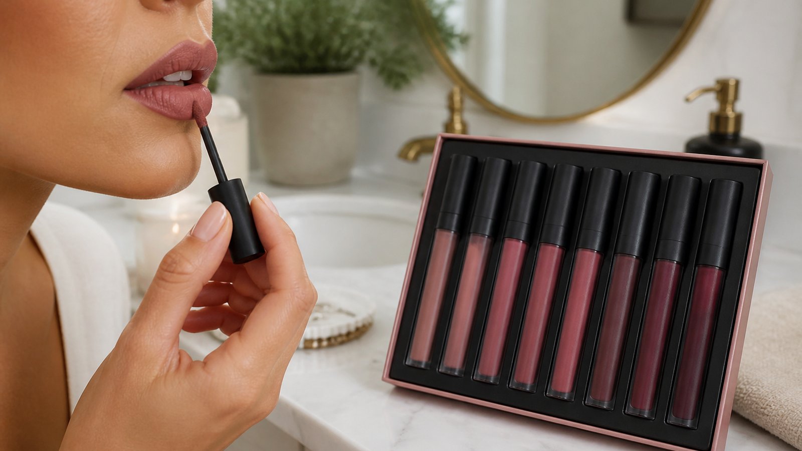 Eight-piece matte liquid lipstick set on a UK vanity